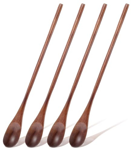 Gjinxi 4 cucharas de madera de 9 pulgadas para miel y café, cucharaditas largas de madera, 2 cucharas pequeñas con mango largo, cuchara mezcladora de madera para revolver, cuchara de miel de madera