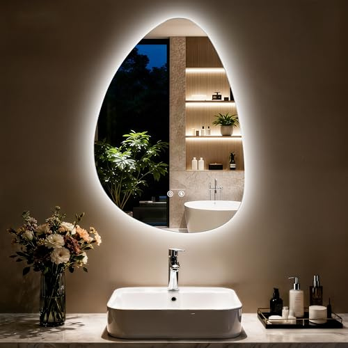 LUVODI Bathroom Mirror with LED Lights, 55x77cm Asymmetrical Irregular IP56 | Dimmable Wall Mirror, 3 Colour Lighting Temperatures , Anti-fog, Pebble Shape