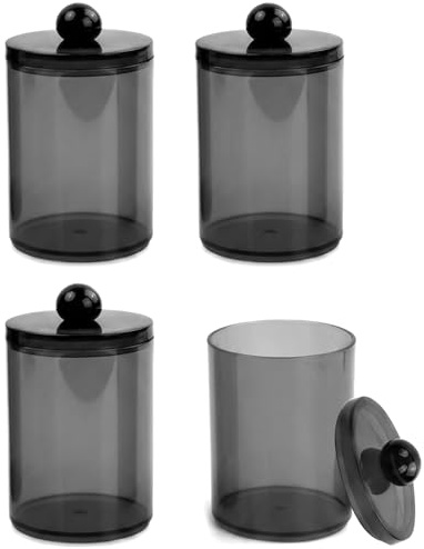 Zirax 4 Pack Clear Black Cotton Bud Holder, Transparent Apothecary Jars with Lids, Q Tips Cotton Pad Holder Dispenser, Bathroom Ornaments and Dressing Table Accessories for Storage Organization