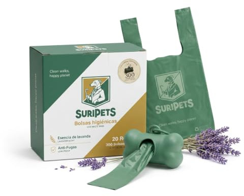 SuriPets Bolsas para Perros con Asas – 300 Bolsas (20 Rollos) con Dispensador Bambú– Resistentes Antifugas 15 Micras – Aroma Lavanda – Cierre Fácil- Tamaño Grande