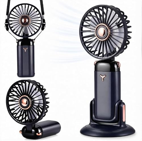TranRantic Mini Ventilateur Portable, 4000mAh Ventilo Portable(Bleu Foncé) | Rechargeable USB, 5 Vitesses, Longue Autonomie, Ventilateurs de Poche avec Lanière et Base, Ventilateur à Main Pour Bureau