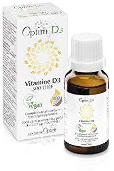 Vitamin D3 Tropfen Nahrungsergänzungsmittel Kinder - Baby - Erwachsene - Schwangere | 500 IE pro Tropfen - Flasche 20ML | Pflanzliches Vitamin D Flechte - Kokosöl | Optim D3