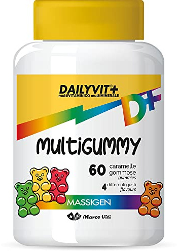 Massigen - Multi Gummy, Multivitaminico per Bambini 4-14 Anni, Vitamine Gommose con Vitamina A, C, E, D, B6, B12 e Acido Folico, 60 Caramelle, Quattro Gusti, Senza Glutine e Lattosio
