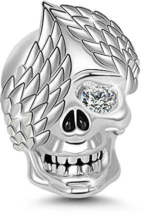GNOCE Charm Perle Tête de Mort en Argent Sterling 925 Crâne avec Ailes d'ange Charm Breloque pour Femme Homme Compatible avec Bracelets et Colliers