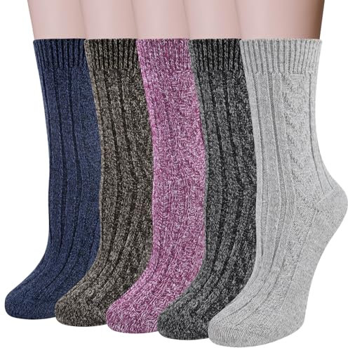 Chalier Finery 5 Paia di Calze Invernali di Lana da Donna, Colorati Calzini Termiche Spesse, per Escursioni e Corse, Regalo di Compleanno Da Donna