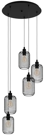 EGLO Pendelleuchte Wrington,5 flammige Hängelampe Vintage, Industrial | Retro, Hängeleuchte aus Stahl, Esstischlampe, Wohnzimmerlampe hängend in Schwarz, E27 Fassung, Ø 54 cm