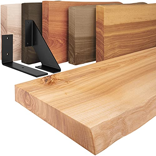 LAMO Manufaktur Wandregal Holz Baumkante | Regal Farbe: Natur | mit schwarzem Basic Regalträger | 40 cm