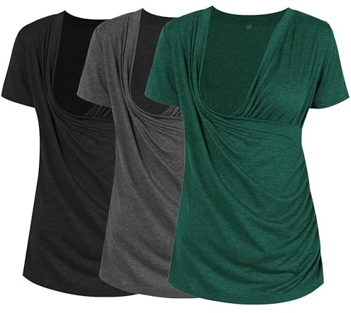 Liu & Qu Women's Maternity Nursing Tops, Layered Wrap for Breastfeeding, V-Neck Short Sleeve Tee Shirts 3 Packs
