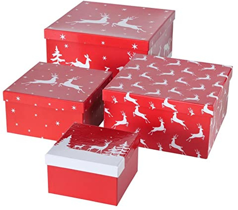 CasaJame Geschenkschachtel Kartonage Box 4er Set Weihnachten Hirsche Rentiere rot weiß B15-30cm