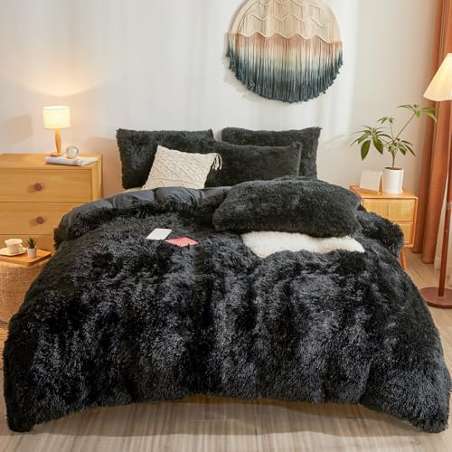 Besfunny Fluffy Faux Fur Black Comforter Cover Queen Set – Plush Fluffy Black Bedding 3-Piece Set (1 Duvet Cover + 2 Furry Pillow Shams) Cozy Bed Set