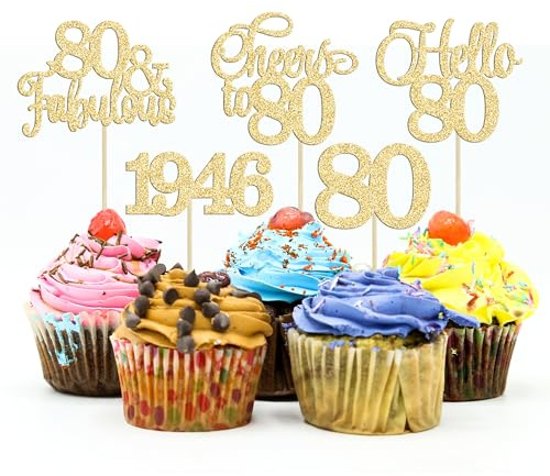 Gyufise 30Pcs 80th Birthday Cupcake Toppers 80 Fabulous Cupcake Picks Cheers to 80 1945 Cake Decorations for Happy 80th Birthday Wedding Anniversary Party Decoration Supplies Gold