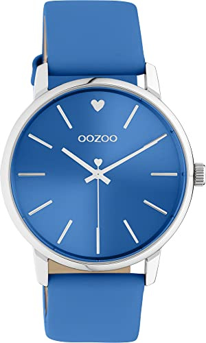 Oozoo Vintage Damen Uhr - Silber Armbanduhr Damen mit 20mm Lederarmband n Blau - Analog Damenuhr in rund C10987