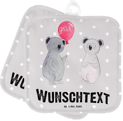 Mr. & Mrs. Panda Personalisierte Topflappen Koala Luftballon - Geschenke, Topfuntersetzer, Namensaufdruck, Geschenk, Personalisiert, Personalisierter Ofenhandschuh, Party, Geburtstag, Set, mit Namen