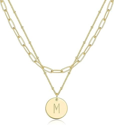 Jenosy Layering Kette Damen Kette mit Buchstaben Personalisierte Kette mit Namen Zarte Buchstaben Kette Gold 18K Vergoldete Kette mit Runder Plättche Anhänger Modeschmuck für Damen und Mädchen