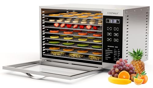 COSTWAY Deshydrateur Alimentaire Inox, Déshydrateur avec Contrôle tactile LED, Minuterie 24h, Température 35-75 °C, 8 Plateaux, Séchoir Alimentaire pour Fruits, Viandes, Légumes, Champignons