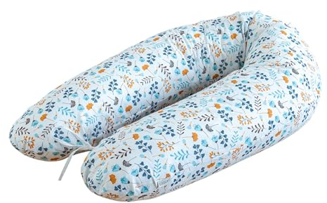 LOOLAY Schwangerschaftskissen - Stillkissen 170 cm - Seitenschläferkissen 100% Baumwolle - mit Abnehmbarem Bezug - Schwanger Kissen für Schlafen (Turkis-gelb Blumenwiese)