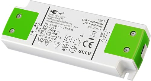Goobay 65585 LED Trafo 500 mA/20 W/Transformator für Konstantstrom/LED Treiber Konstantstromquelle/Netzteil Innenbeleuchtung/Weiß, Grün