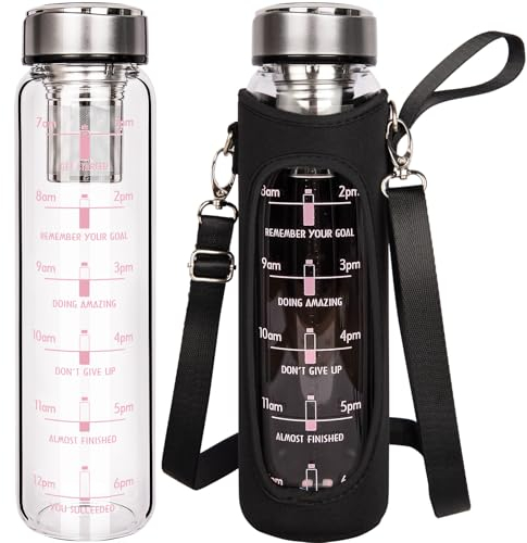 DEARRAY 1l / 1000ml Glass Water Bottle with Time Markings, 1 Liter Tea Drinking Bottle with Stainless Steel Infuser Loose Leaf Tea, Cold Brew Coffee