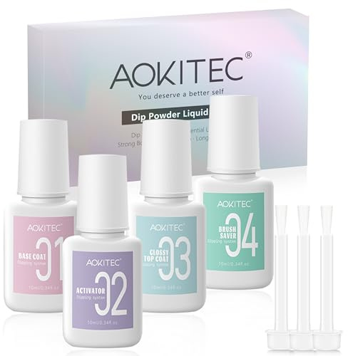 Aokitec Dipping Powder Liquid Set, 4 * 10ml, Dip Base Top Coat Activator & Brush Saver con spazzole di ricambio per Dipping Acrylic Powder, Dip Powder Nail Kit, Unghie fai da te