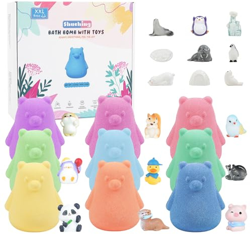SHUCHING 9 XXL Boule de Bain Enfant avec Surprise, Coffret Bombe de Bain Ours Enfants Bio avec Jouets pour Garcons Filles Pâques Anniversaire