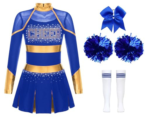 Yruioon 4Pcs Mädchen Cheer Leader Kostüm Langarm Cheerleading Kleid mit Pompoms Socken Haarband Glitzer Tanzkleid Halloween Karneval Fasching Kostüm