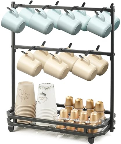 Samhe Coffee Mug Holder for Countertop, Coffee Cup Holder Rack with 14 Hooks, Metal Mug Tree Stand with Storage Base for K Cup Coffee Pod Paper Cups Tea Bag - Black