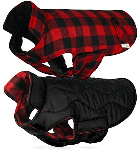 VIVAGLORY Softjoy Hundemantel, Wintermantel mit Bauchschutz, Hundejacke für Winter & Weihnachten, Warm Softshell Kariert Schnittmuster Verstellbar, XXS, Schwarz Rot