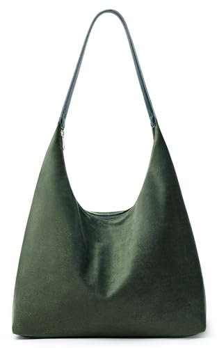 KALIDI Hobo-Tasche im Vintage-Stil, 15 l, Wildlederimitat, mit Reißverschluss, Arbeitstasche aus veganem Leder, Schultergurt für Damen, Reise-Geldbörse, Dunkelgrün, Medium
