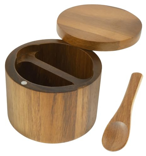 Recipiente de madera de acacia con 1 o 2 compartimentos con cuchara integrada y tapa giratoria magnética, soporte redondo para sal de cocina para almacenar sal, pimienta, azúcar y especias (doble