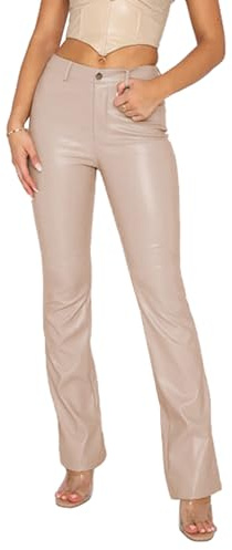 cffvdiz Beige,L, Faux Pantalones de Cuero para Las Mujeres de Cintura Alta Pierna Recta Pantalones Y2K Relajado Pantalones con Bolsillos