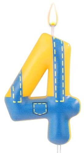 Blaue und Gelbe Geburtstagskerze, Geburtstag Nummer Kerzen Blue Jeans-Cartoon-Happy Birthday-Themenkerze Kuchen Zahlenkerzen für Geburtstagsfeier Hochzeitstag Dekorationszubehör(Zahl 4)
