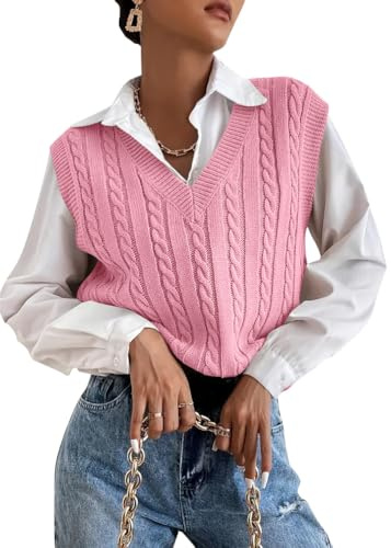shownicer Damen V-Ausschnitt Pullunder Strickweste Ärmellos Einfarbig Casual Tank Top Sweater Herbst Winter Freizeit Ärmelloser Pullunder A Rosa S