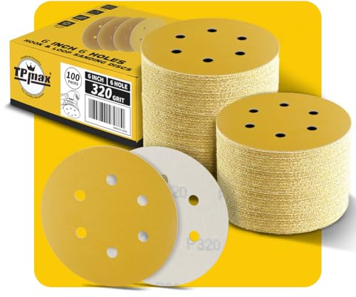 100PCS 150mm 320 Grit 6 inch 6 Hole Sanding Discs Sandpaper - Premium Gold Round Hook and Loop for Random Orbital Sander - Ideal for Wood, Metal, Automotive