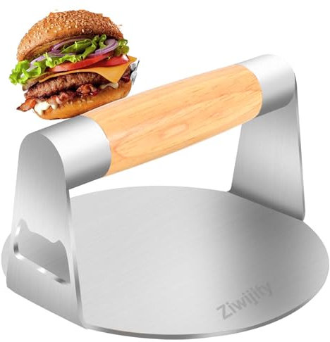 Prensa de hamburguesas de acero inoxidable de 5.5 pulgadas – Aplastador de hamburguesas antiadherente para barbacoa, parrilla de parrilla plana con mango de madera antiquemaduras y abridor de botellas