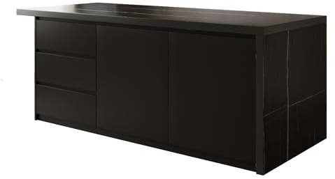 Homary Moderne Kücheninsel aus Melamin, 182,9 cm, mit Weinaufbewahrung und Sitzplatz, Stabiler Esstisch mit zusätzlichem Stauraum (Schwarz, 183cm: Linke Schublade, Standard: Holzwerkstoffe)