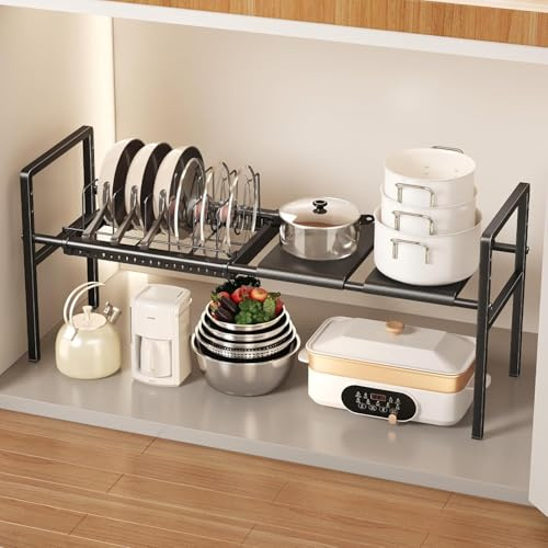 Mustorn Range Couvercle Extensible, 1 Niveau Rangement Casserole, Hauteur Réglable Rangement Poele Et Casserole Placard, Porte Couvercle, Supports à Casseroles Avec 6 Séparateurs(Noir)