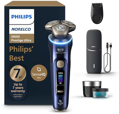 Philips Norelco Shaver i9000 Prestige Ultra, Wet & Dry Electric Shaver, Adriatic, SenseIQ Pro Technology, Triple Lift & Cut System, 360 Rotating NanoTech Precision Blades, Precision Trimmer, XP9401/92