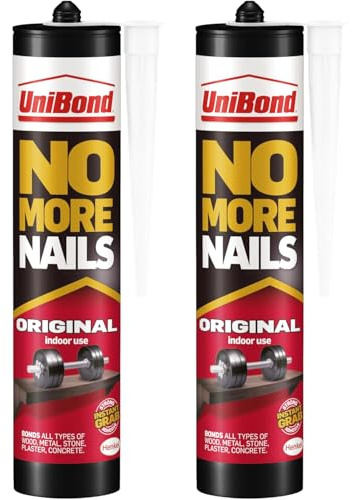 Unibond No More Nails Adhesive, 2 x 365g Cartridges – Strong Grab Glue for Wood, Metal, Plaster, Brick & Stone | Interior DIY Adhesive for Home Repairs