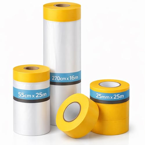 Colorus Masker Tape Set 6 tlg 2x Abdeckfolie und 4x Goldband Malerkrepp | 2x Abdeckfolie 270 cm x 16 m und 55 cm x 25 m, Malerkrepp 25 mm x 25 m - 56,95 m² zum Abkleben und Abdecken