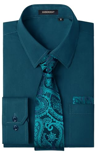 HISDERN Mens Long Sleeve Shirt and Tie Sets Formal Button Down Shirts with Pocket for Wedding Business Office Casual Regular Fit S-4XL