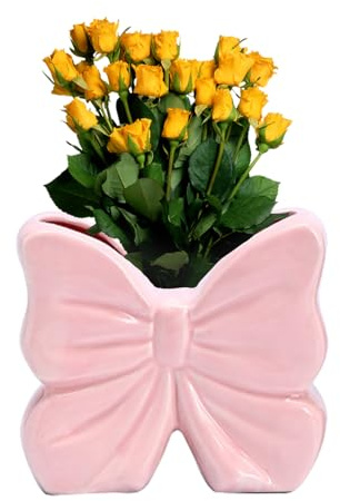 Pink Bowtie Ceramic Planter Pots, Decorative Flowers Vase with Dual Holes, Cute Vase Made of Premium Ceramic, Ideal for Fresh Flowers & Small Plants, Perfect for Living Room & Bedroom