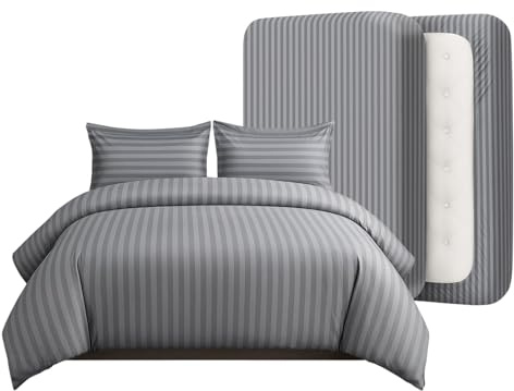 Casabella Duvet Cover Sets - 4 Pc Luxury Double Duvet Brushed Microfiber Duvet Full Set - Duvet Cover, Fitted Sheet & Pillowcase 2 Pack - Soft & Durable Double Duvet Set - Stripe Silver Bedding