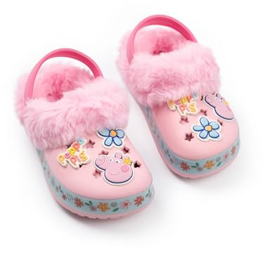 Peppa Pig Zuecos con Forro de Piel y Flores Rosas para niñas | Zapatos de Piel sintética Suave para Uso Diario y Salidas Informales | Calzado con el Personaje Merchandising Infantil