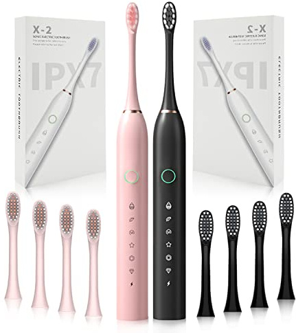HUBAKO 2 Pack Rechargeable Electric Toothbrushes for Adults and Kids, Whitening Tooth Brush with 8 Brush Heads, 6 Cleaning Modes and Smart Timer, Waterproof Cleaning Toothbrushes Set