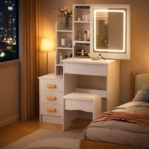 sexaoalx Vanity Desk with Mirror and Lights,Makeup Vanity with Extra Hidden Stroage,Makeup Desk with 4 Drawers 7 Open Shelves,Dressing Table for Bedroom,3 Color Light Modes, Shipping from UK