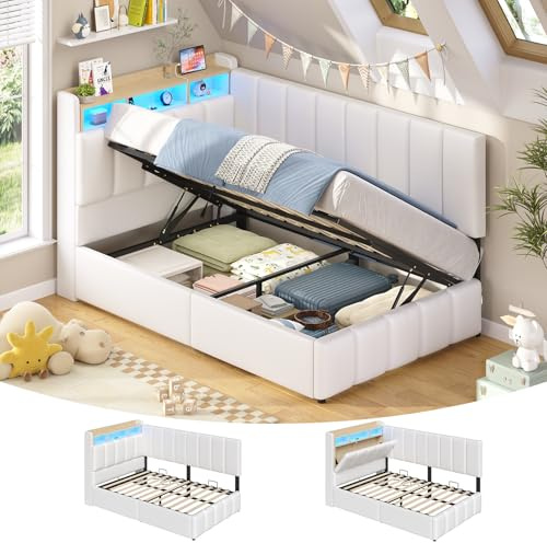 Polsterbett mit LED Beleuchtung, Jugendbett 90 x 200 cm, boxspringbett mit Ladestation, Kopfteil mit verstecktem Stauraum, Bettgestell mit großer Bettkasten, für Schlafzimmer, Gästezimmer, PU Weiß