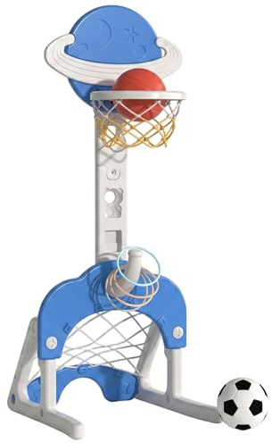 Aro y Soporte de Baloncesto para niños: aro de Baloncesto 3 en 1 para niños pequeños con fútbol y Lanzamiento de Aros, Juguete Deportivo Divertido de Altura Ajustable para Interiores Exteriores