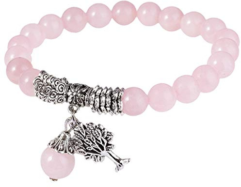 mookaitedecor Baum des Lebens 8mm Edelstein Armbänder mit Heilsteinen Amulett Armband Perlen Mutmacher für Damen Herren, Rosenquarz