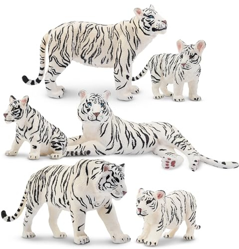 Toymany 6PCS Realistic White Tigers Figurines with Tiger Cubs, 2-6 Jungle Animals Figures Family Set Includes Baby Tigers, Educational Toy Cake Toppers Christmas Birthday Gift for Kids Toddlers