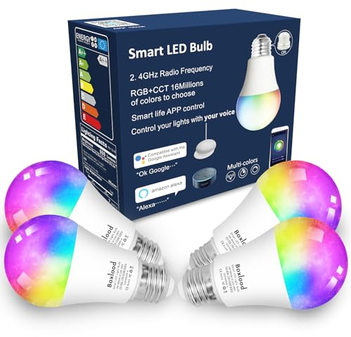 Boxlood Lampadina Smart wifi E27, Lampadine Alexa Compatibile con Alexa/Google Home, lampada Intelligente LED controllo voce e App, dimmerabile RGB 2700K-6500K, 7W, 60W Equivalente, 2.4GHz，4 Pezzi